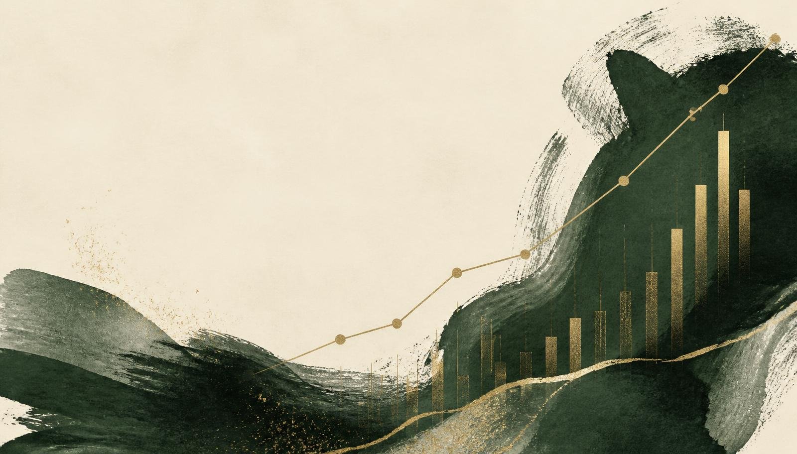 Composição editorial em verde e dourado com gráfico ascendente, simbolizando crescimento orientado a dados